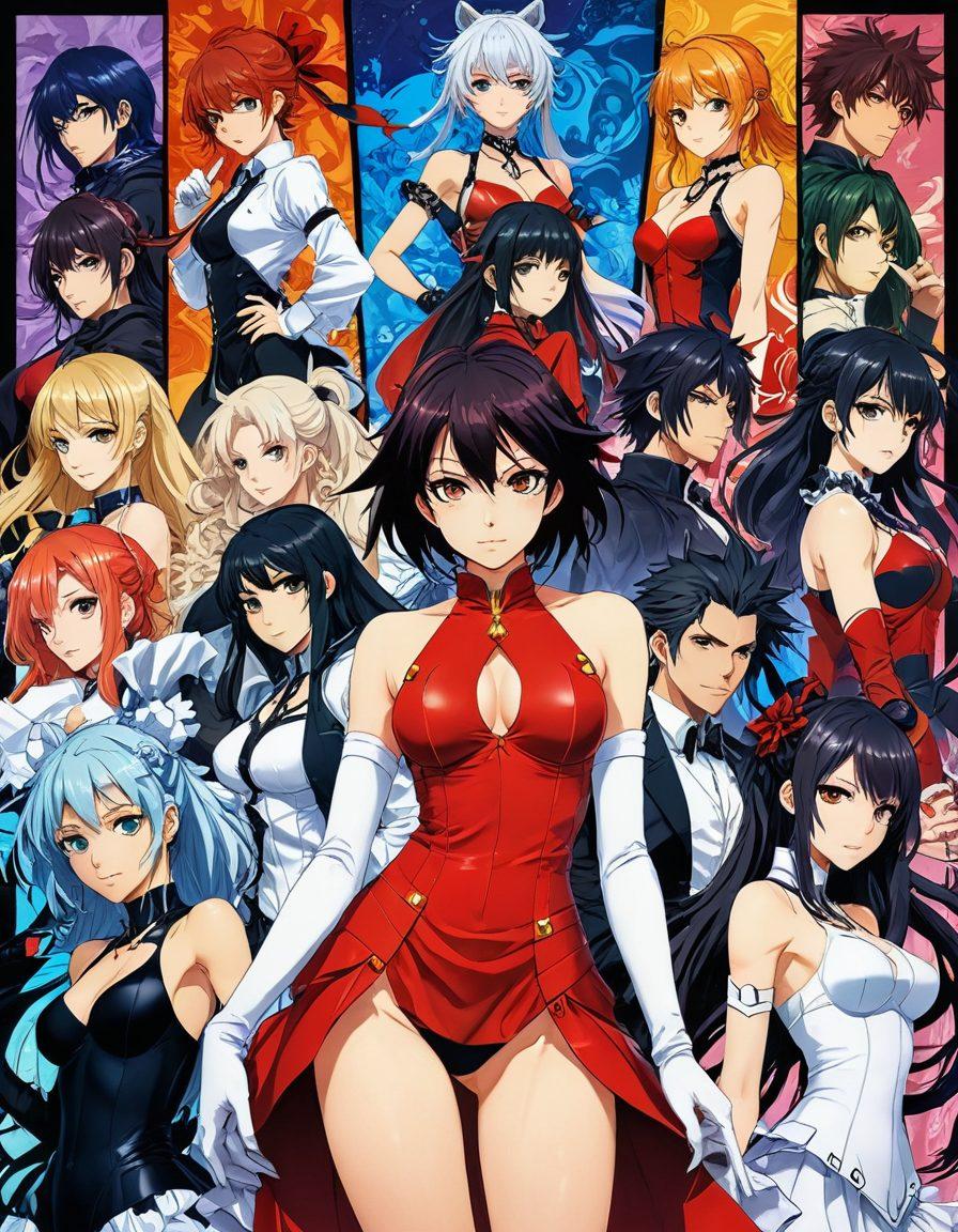 A captivating collage of vibrant, stylized anime characters representing various kinks and cosplay elements, set against a dynamic background of striking graphic novel panels. Incorporate a playful and sensual atmosphere, with soft lighting highlighting the characters’ expressions and details in their outfits. The colors should be bold and alluring, drawing the viewer into the playful world of erotic anime. Include elements like intricate costumes, teasing poses, and ethereal backgrounds. vibrant colors. anime style. dynamic composition.