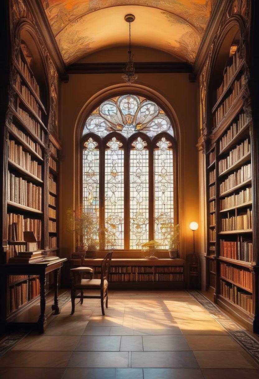 A captivating scene of a mysterious library filled with ancient scrolls and vibrant manga, featuring playful chibi characters and shadows of seductive silhouettes. Ethereal light beams filtering through stained glass windows create an enchanting atmosphere. Elegant ink sketches surround each novel, symbolizing mature themes, while an inviting, plush reading nook beckons visitors to delve deeper. Anime-inspired, surreal, warm tones.